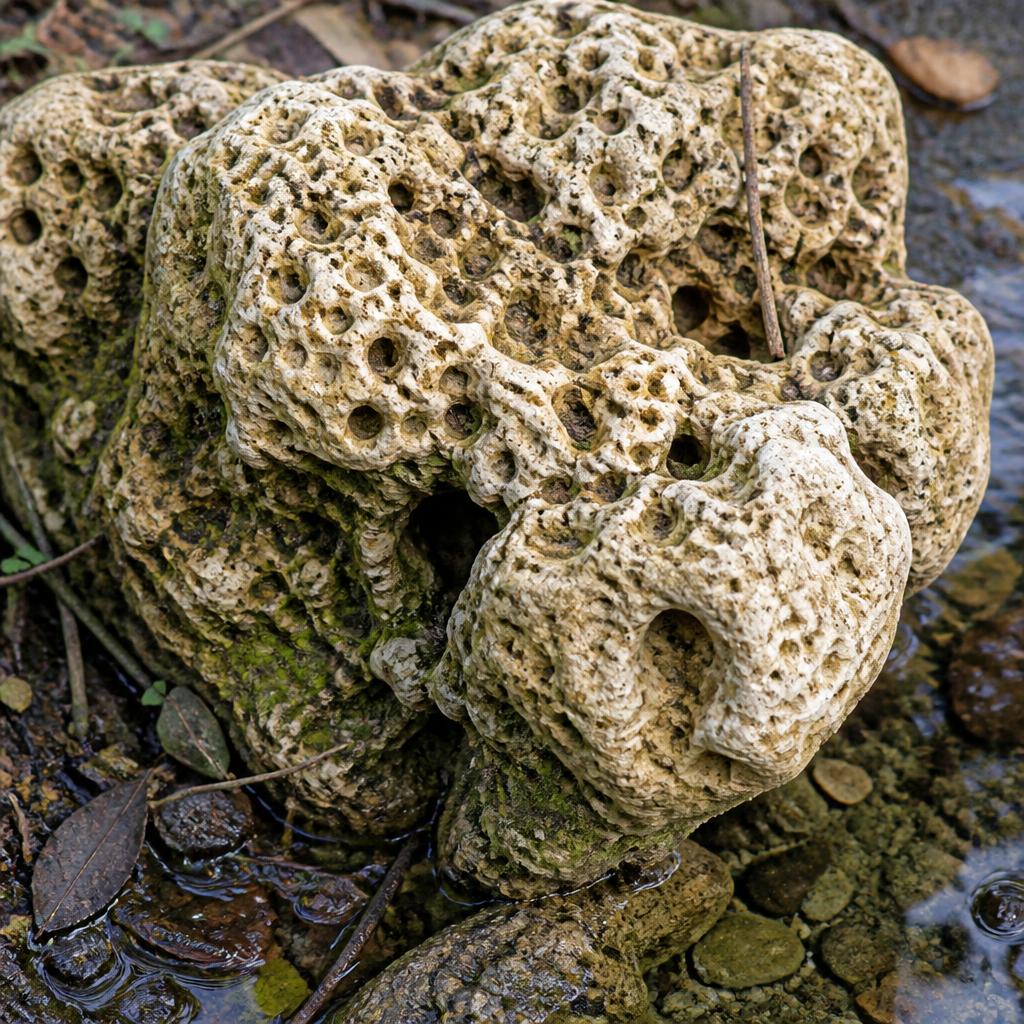 A close-up of Tufa rock, pale, pitted and sponge-like, from the Mendip Hills