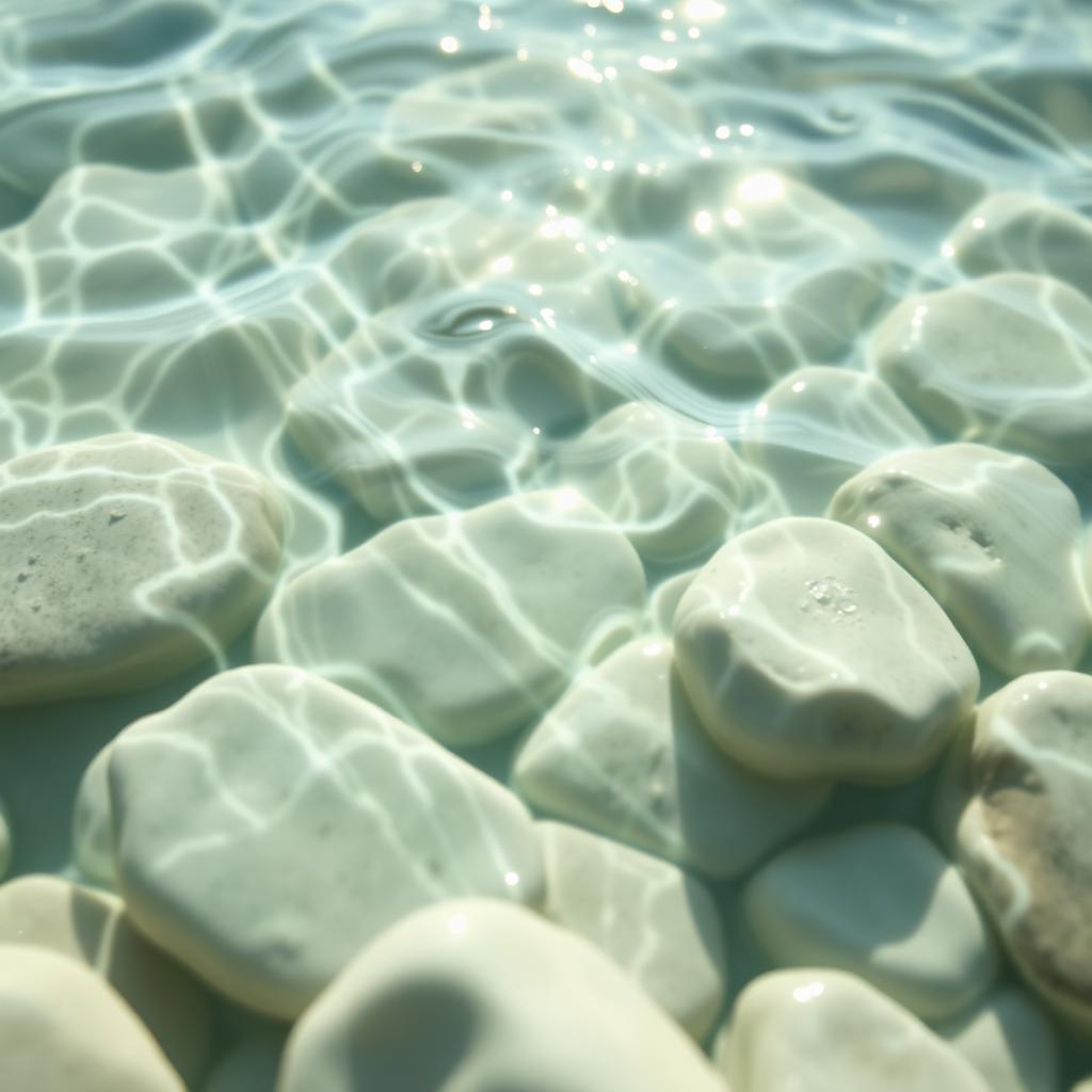 Sunlight refracting through clear water over pale stones